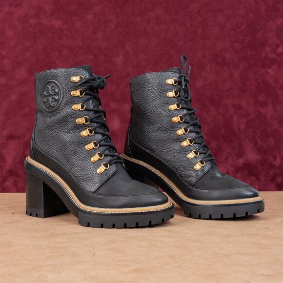 Tory Burch Women Black Leather Miller Lace up Dress Lug Sole Boots size 7 - Picture 1 of 9